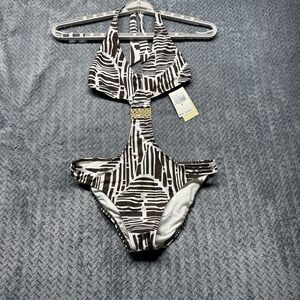 Trina‎ Turk One-Piece Monokini Swimsuit L Brown White Cutout Gold Accent NWT